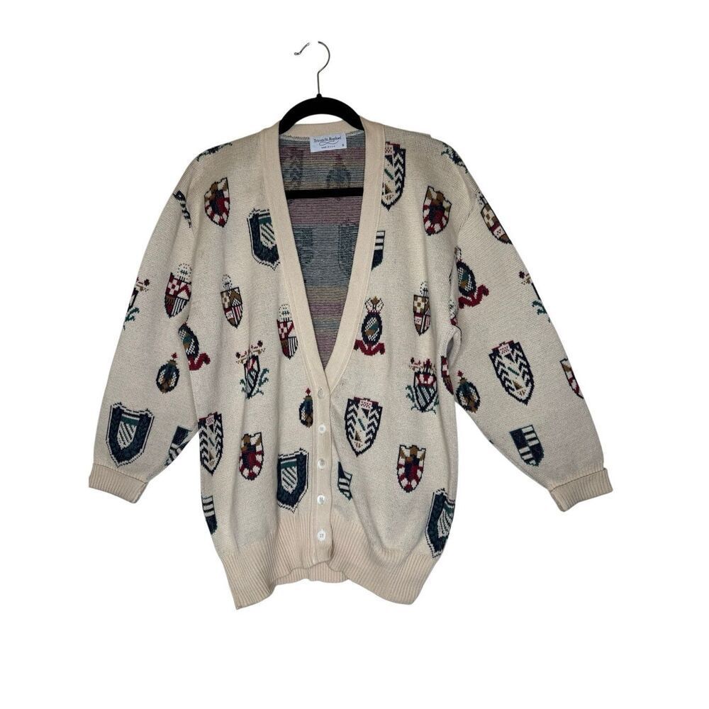 Vintage Tricots St. Raphael Cardigan Sweater Cream Cotton With Coat of Arms SzS